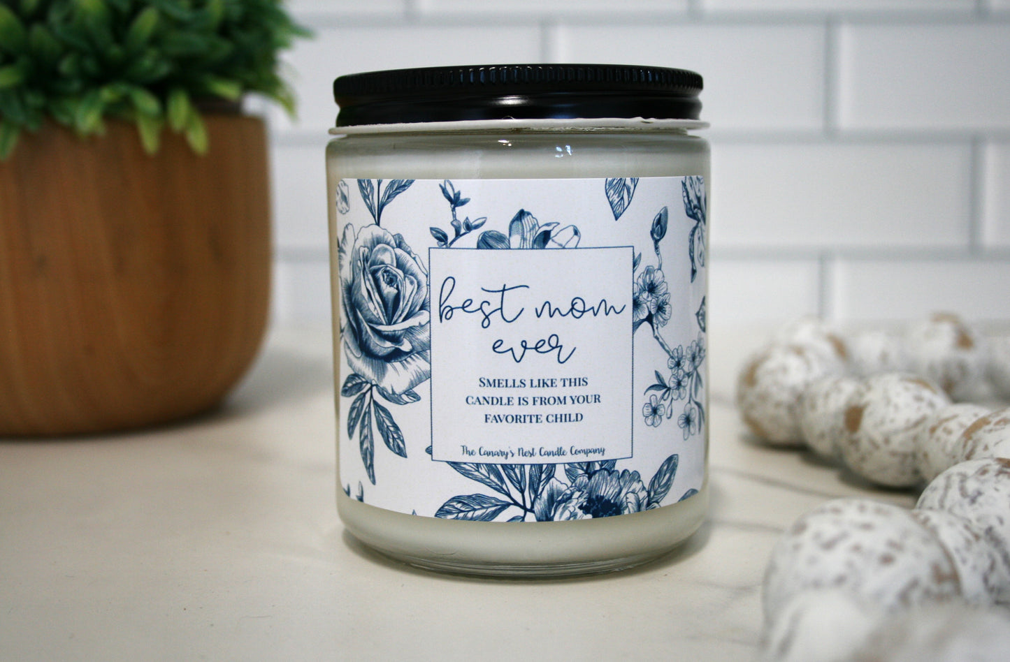 Blue and White Floral Label Best Mom Ever Candle